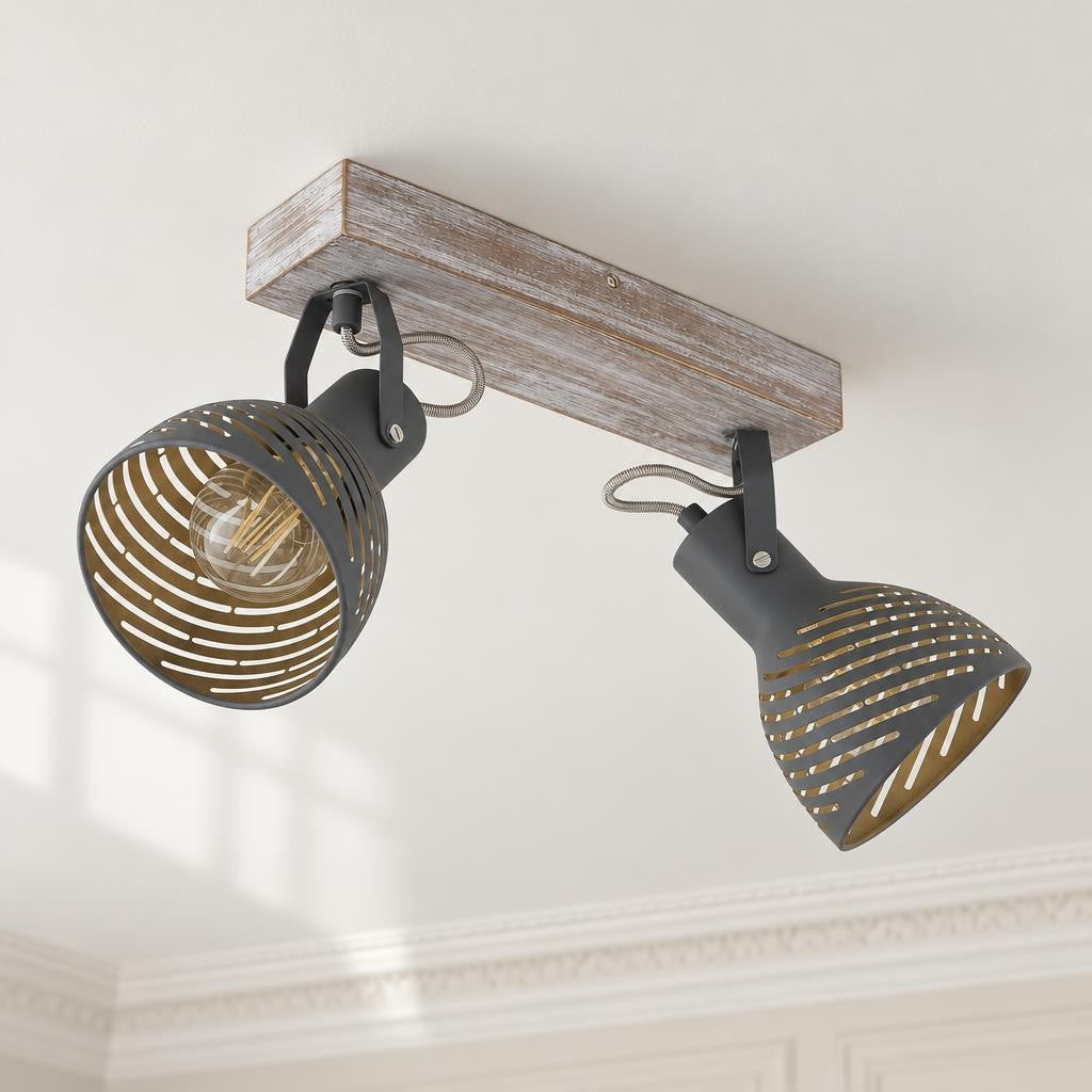 Spot da soffitto Obolg Mori a 2 luci in legno e metallo – foto d'ambiente