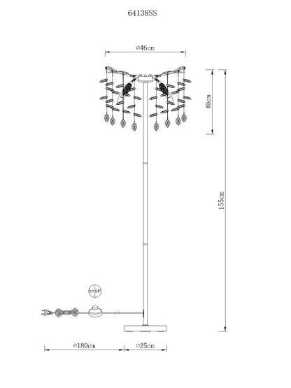 Zilveren metalen vloerlamp met vertakte kap en glazen hangers – maattekening