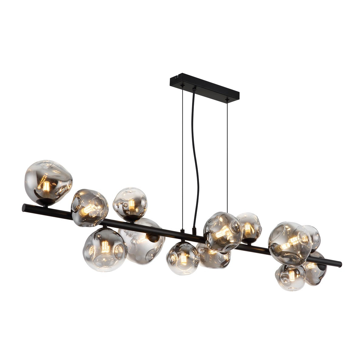 Zwarte metalen hanglamp met rookglazen bolkappen en horizontale staaf