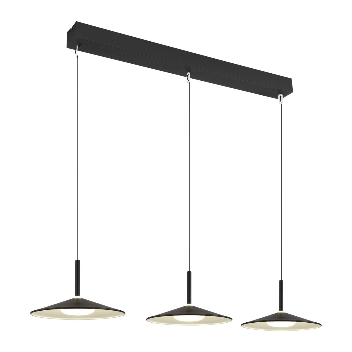 Zwarte metalen hanglamp met brede balk en drie platte schijven
