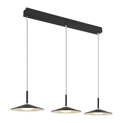 Zwarte metalen hanglamp met brede balk en drie platte schijven