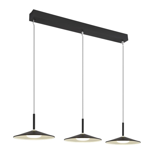 Zwarte metalen hanglamp met brede balk en drie platte schijven