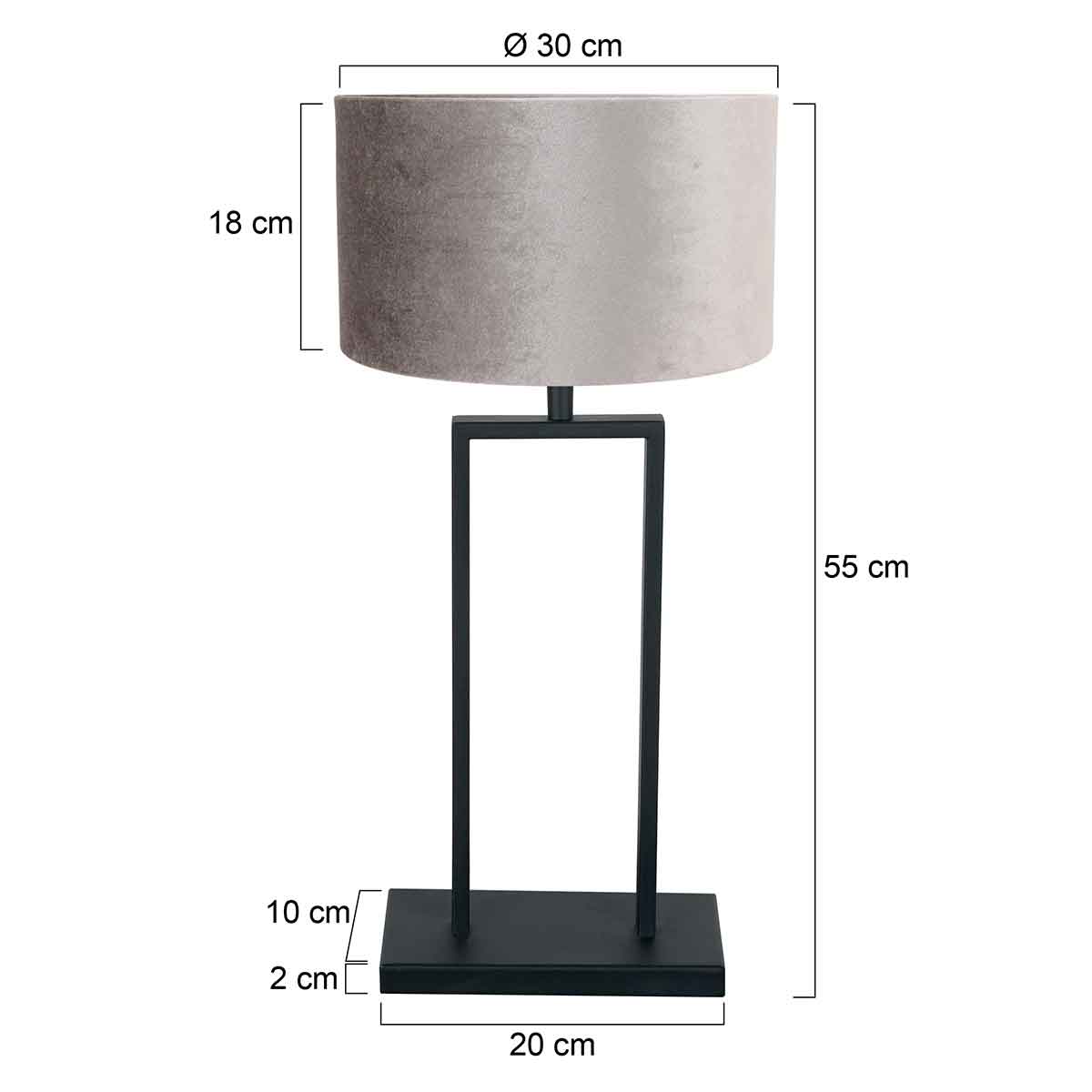 Industrialna czarna lampa stołowa Steinhauer Stang z szarym kloszem – rysunek z wymiarami