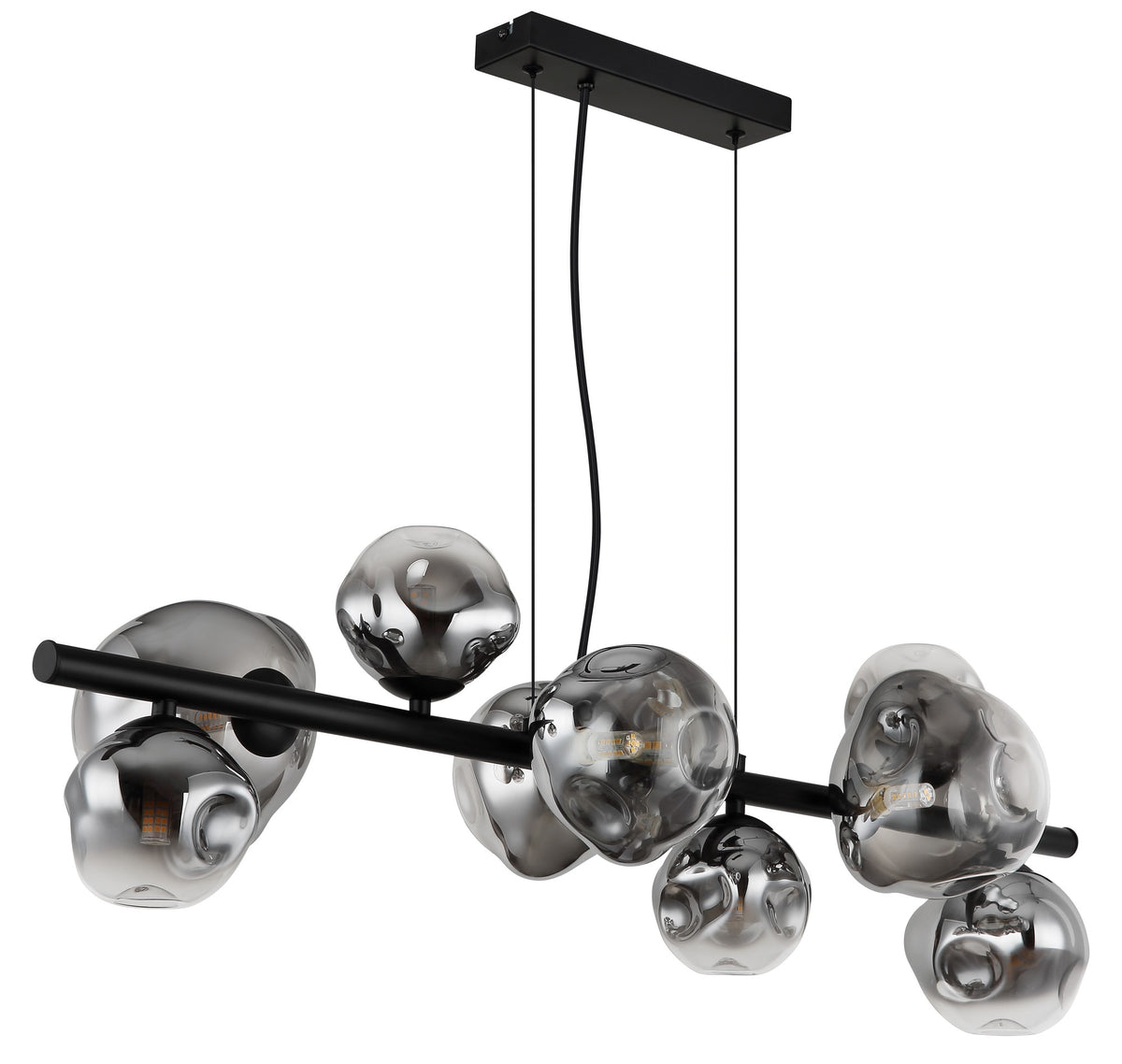 Zwarte metalen hanglamp met rookglazen bollen en horizontale staaf – afbeelding 1