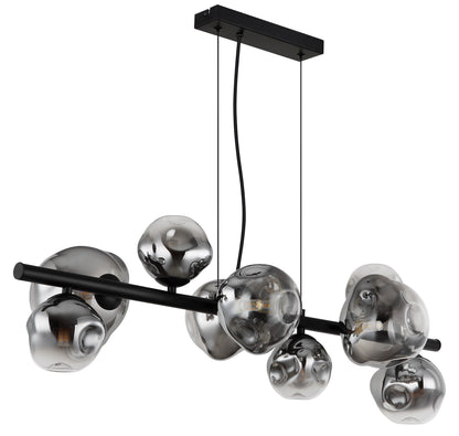 Zwarte metalen hanglamp met rookglazen bollen en horizontale staaf – afbeelding 1