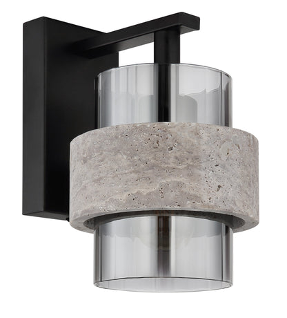 Zwarte metalen wandlamp met stenen kap en rookglazen cilinder – afbeelding 1