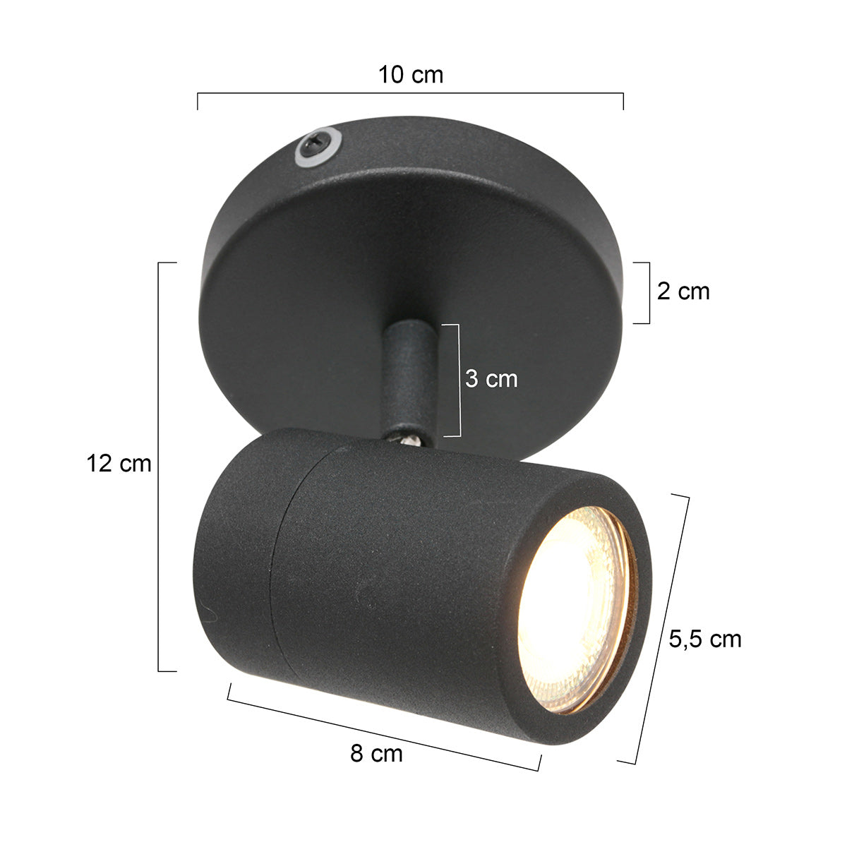 Модерен черен метален LED спот Mexlite Upround – чертеж с размери