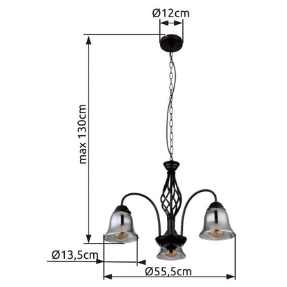 Zwarte metalen hanglamp met drie rookglazen kappen en gebogen armen – afbeelding 5