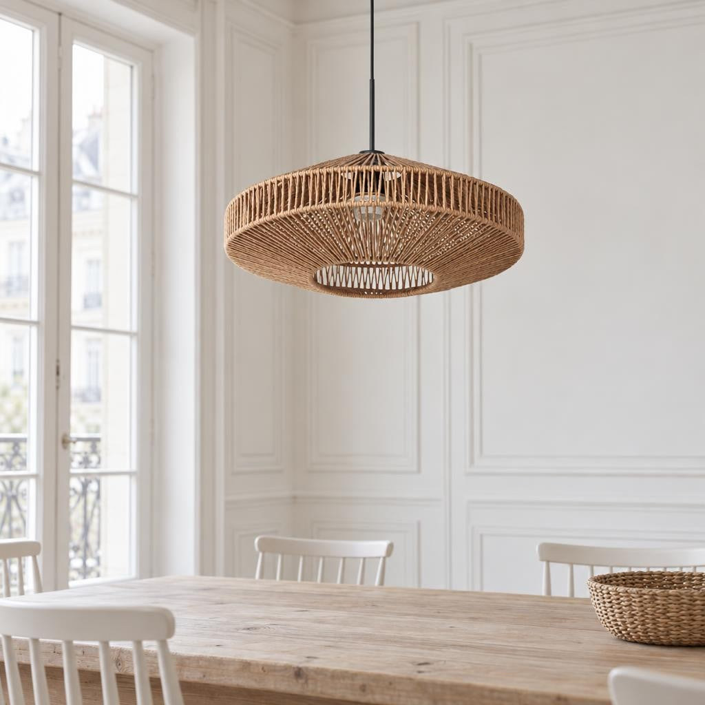 Висяща лампа Steinhauer Sparkled Light с абажур от въже – интериорна снимка