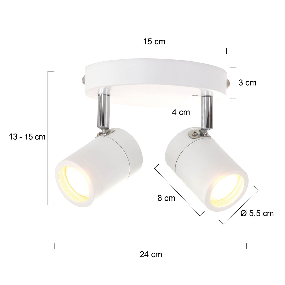 Модерен бял LED спот Mexlite Upround с 2 светлини – чертеж с размери