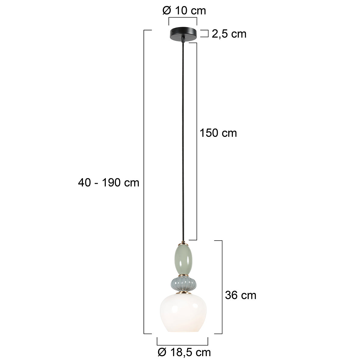 Lâmpada pendente esbelta de vidro branco e pedra Anne Light Vetrass – desenho com dimensões
