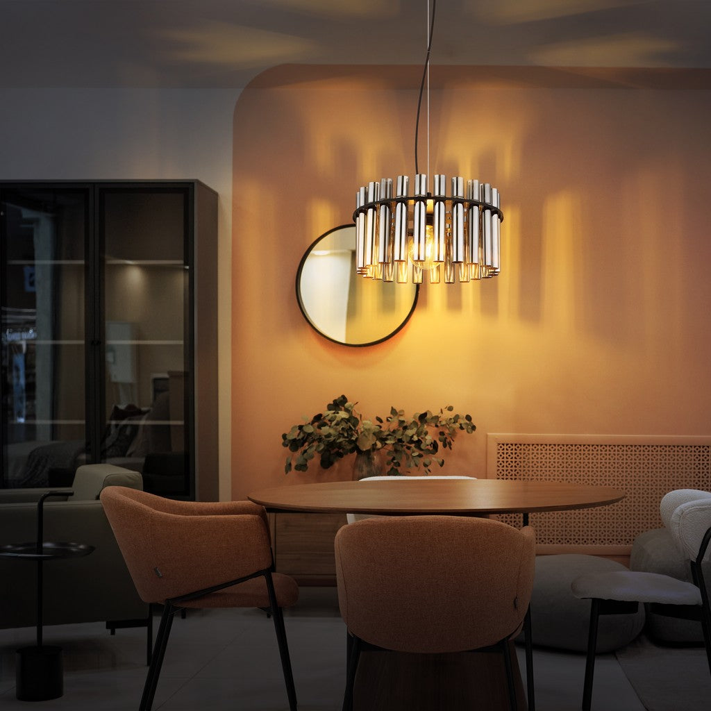 Zwarte metalen hanglamp met rookglazen buizen en ronde vorm – sfeerbeeld