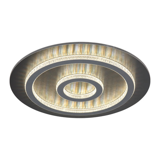 Zwarte metalen plafondlamp met dubbele lichtkringen en transparante randen