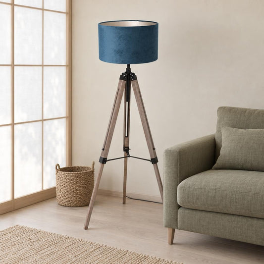 Mexlite Triek Wooden Tripod Floor Lamp with Blue Velvet Shade – lifestyle image