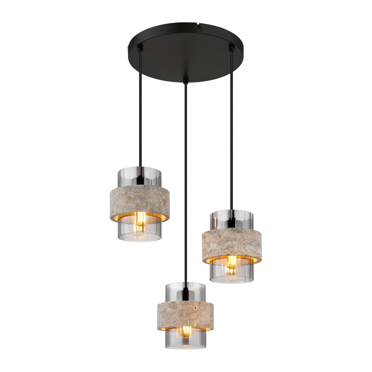 zwarte metalen hanglamp met drie rookglazen kokers en stenen ringen