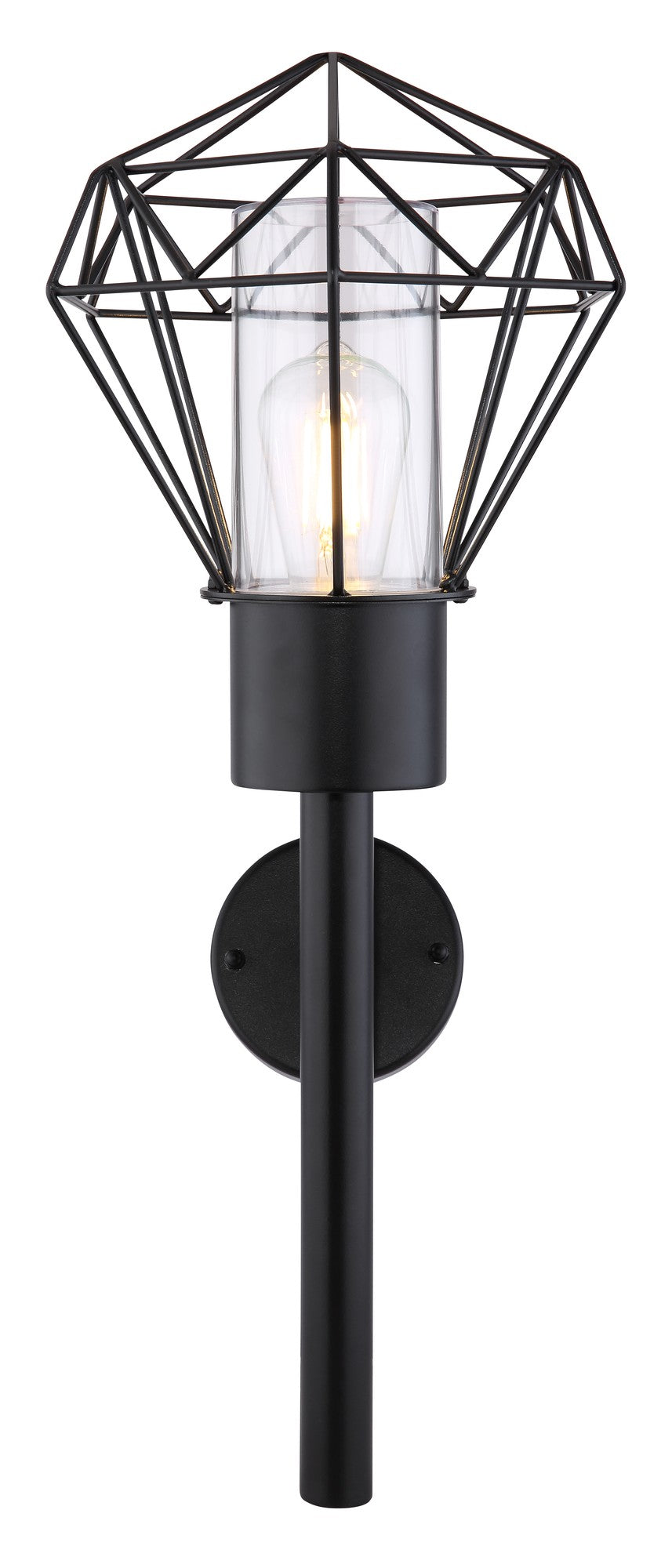 Zwarte metalen buitenwandlamp met glazen koker en geometrisch draadframe – afbeelding 2