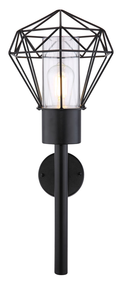 Zwarte metalen buitenwandlamp met glazen koker en geometrisch draadframe – afbeelding 2