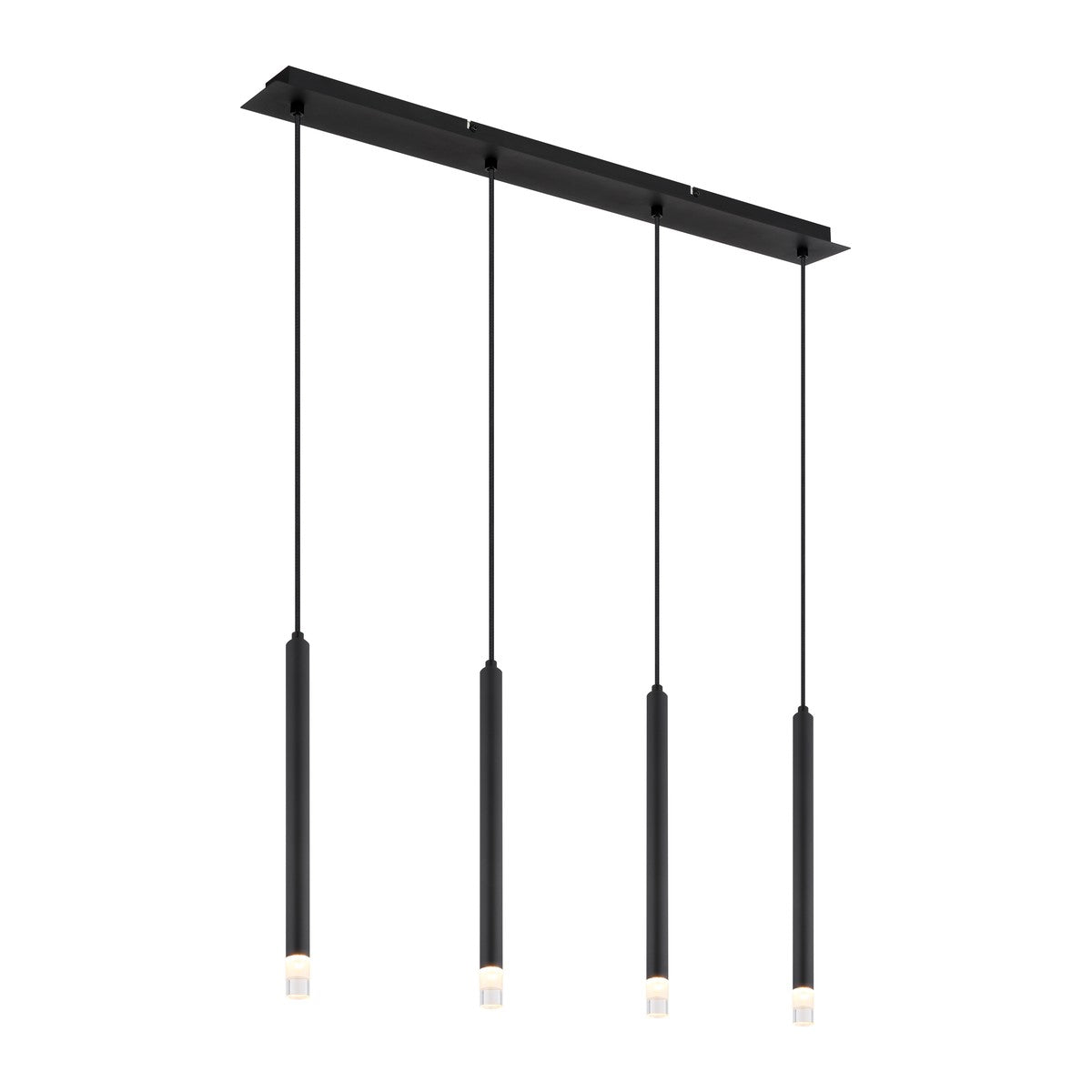 Zwarte metalen hanglamp met cilindervormige pendels en plafondplaat