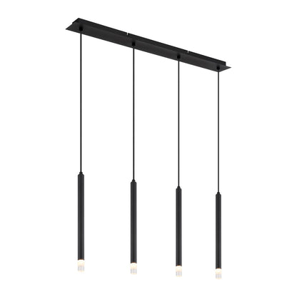 Zwarte metalen hanglamp met cilindervormige pendels en plafondplaat