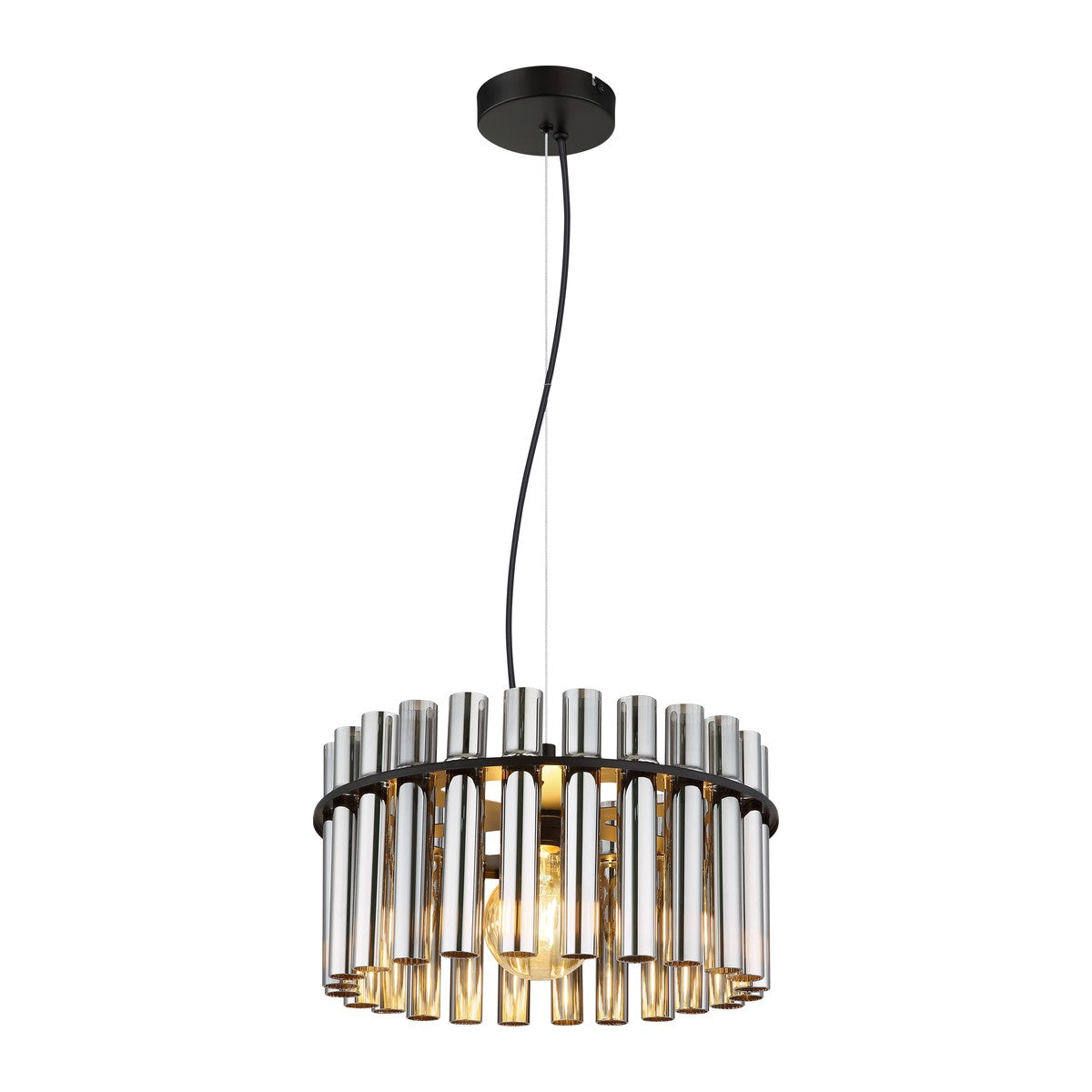 Zwarte metalen hanglamp met rookglazen buizen en ronde vorm