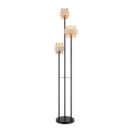 Zwarte metalen vloerlamp met drie amberkleurige glazen kappen