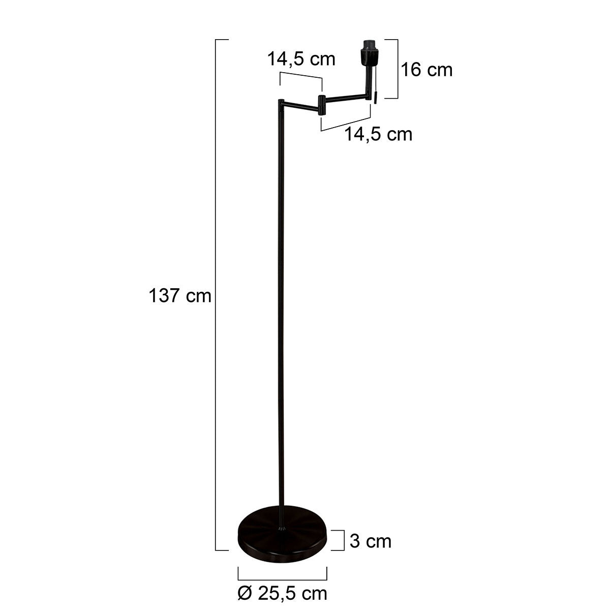 Modern Black Floor Lamp with Swivel Arm | Mexlite Bella – dimension drawing
