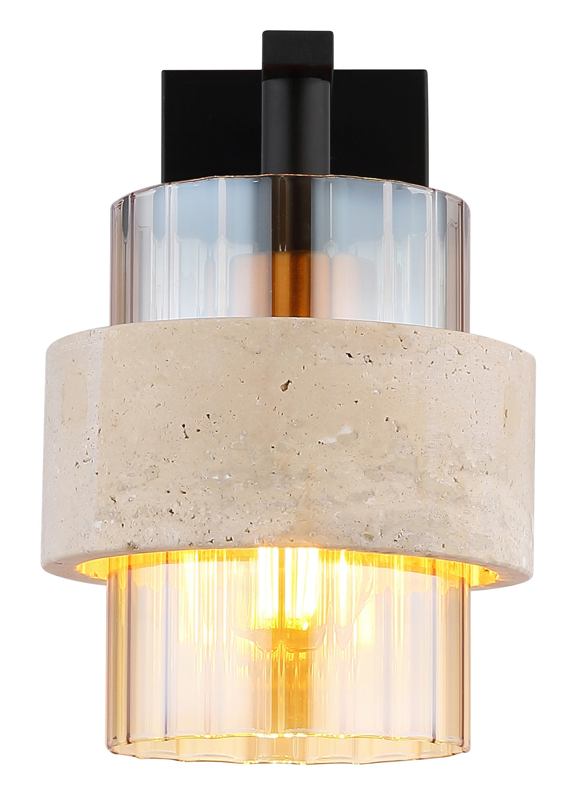 Zwarte metalen wandlamp met amberkleurig geribbeld glas en stenen band – afbeelding 2