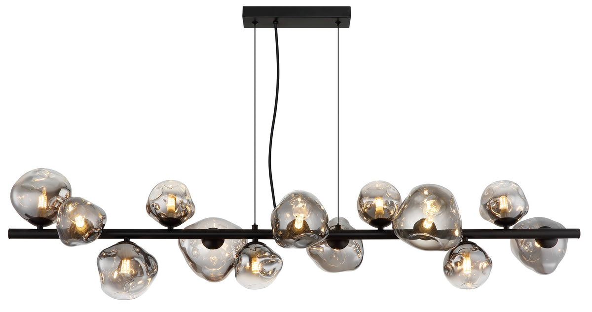 Zwarte metalen hanglamp met rookglazen bolkappen en horizontale staaf – afbeelding 2