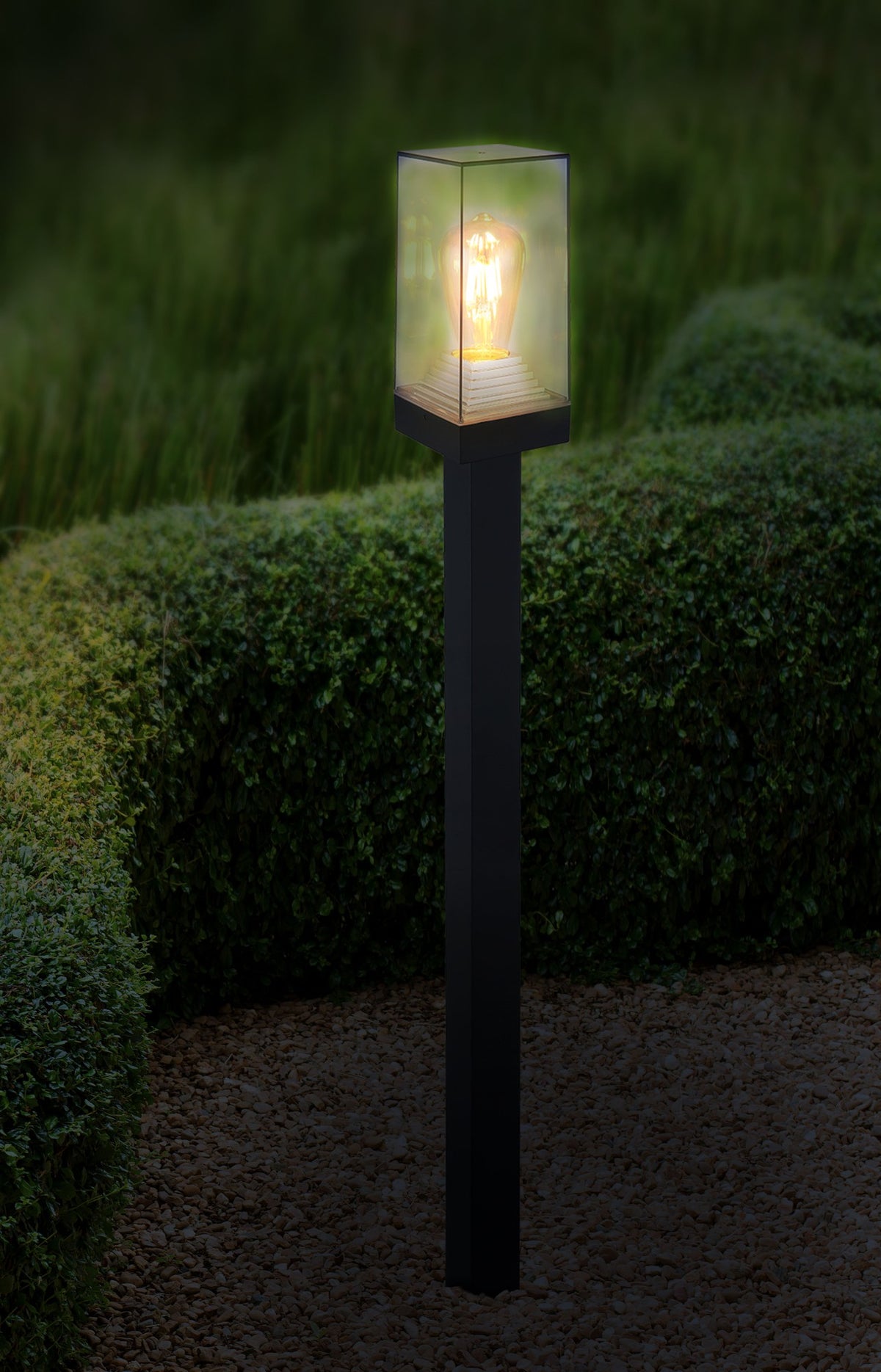 Zwarte aluminium staande buitenlamp met transparante kubuskap – afbeelding 9