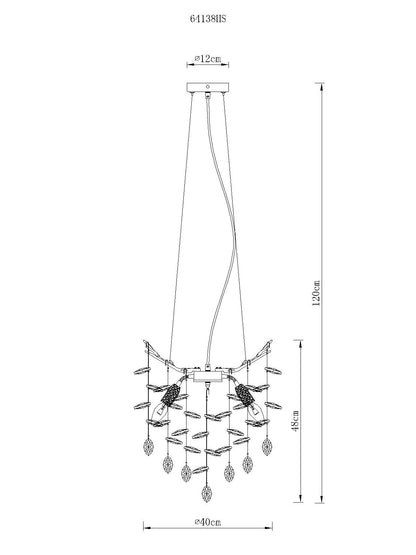 Zilverkleurige metalen hanglamp met glazen blaadjes en vertakte armen – afbeelding 6
