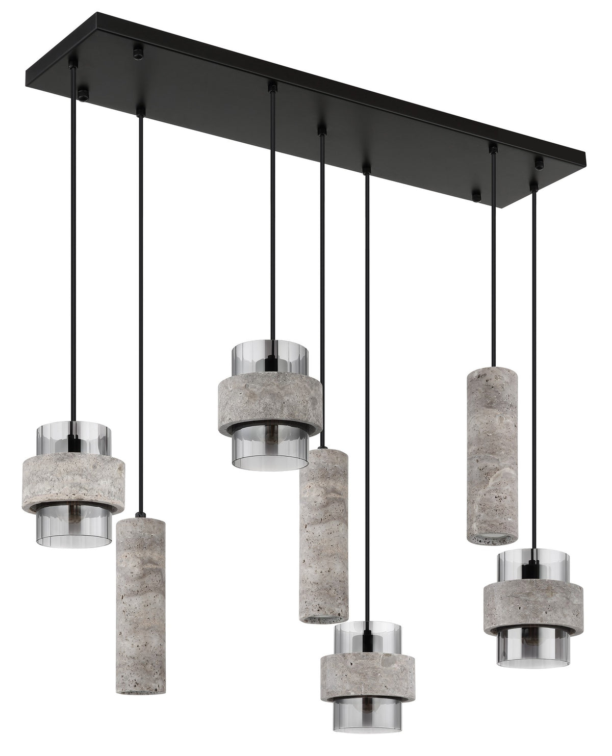 Zwarte metalen hanglamp met stenen cilinderkappen en rookglazen kokers – afbeelding 1