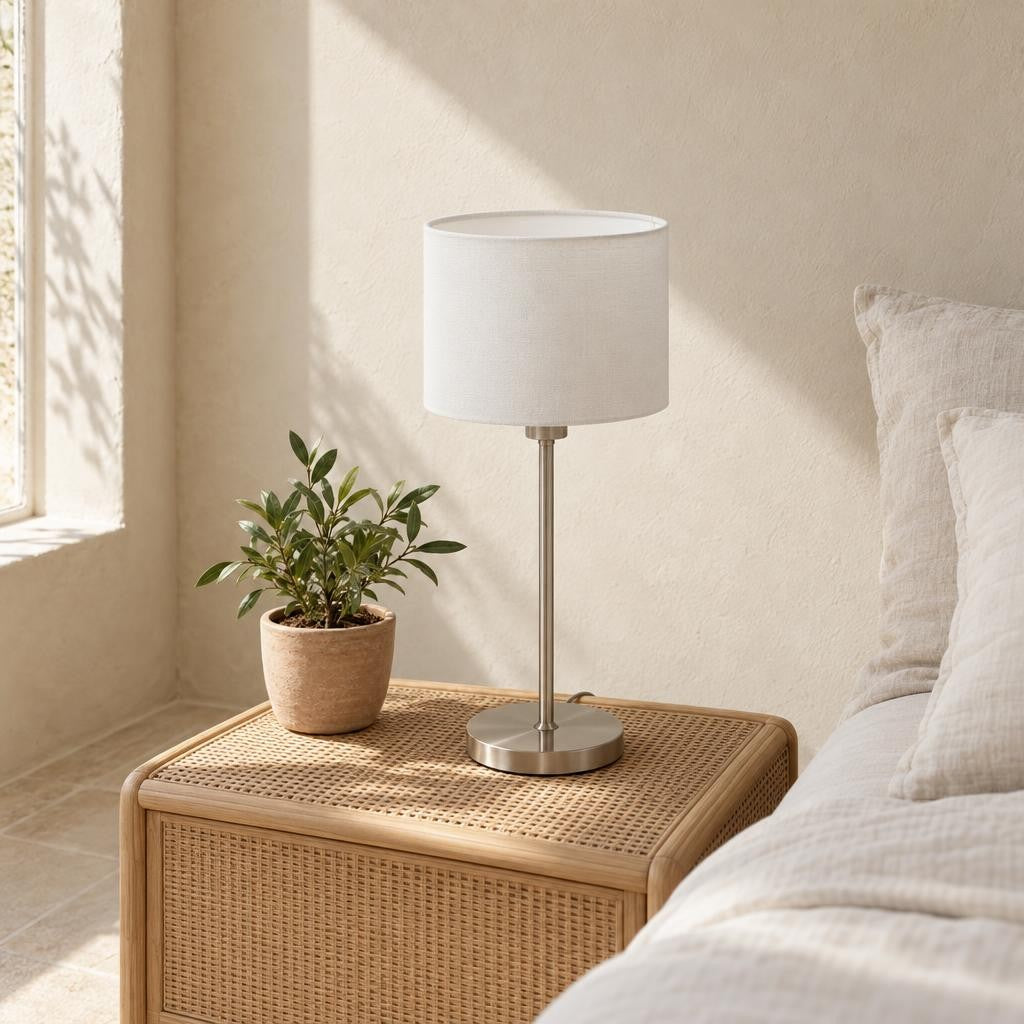 Stolná lampa Mexlite Noor s bielym tienidlom – fotografia v interiéri