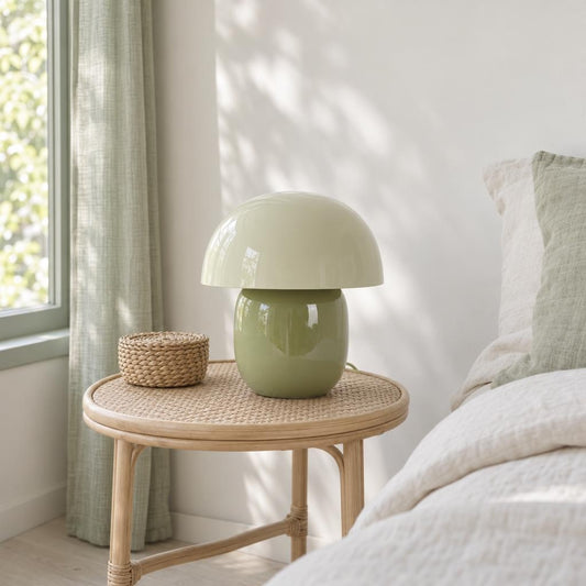 Bordslampa Mimosa i olivgrönt och ljusgrönt – miljöbild