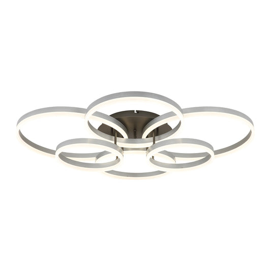 Zilveren aluminium plafondlamp met overlappende ringen en lichtkringen