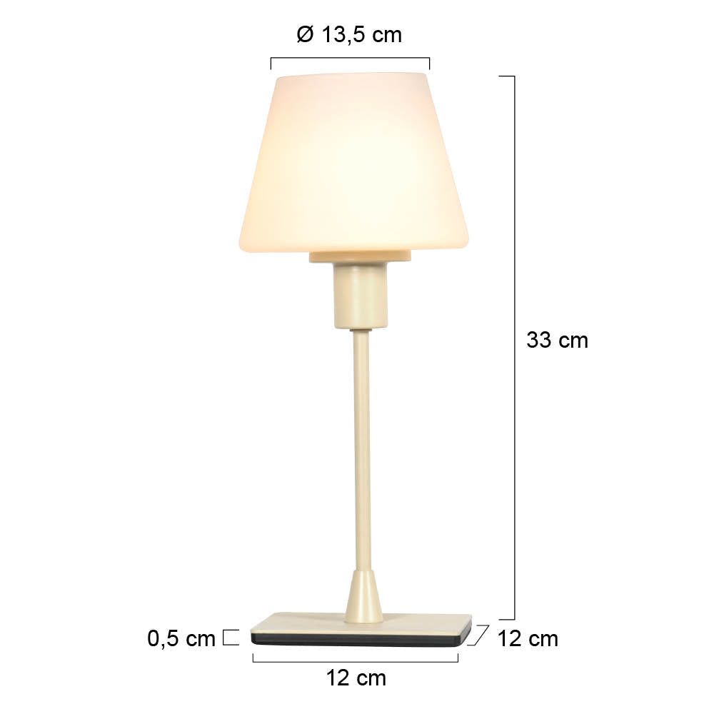 Krémová stolná lampa Ancilla s bielym sklom – rozmerový nákres