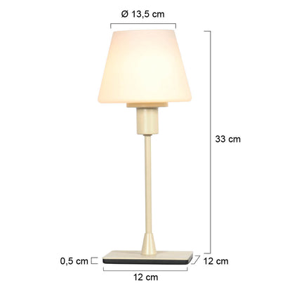 Krémová stolná lampa Ancilla s bielym sklom – rozmerový nákres