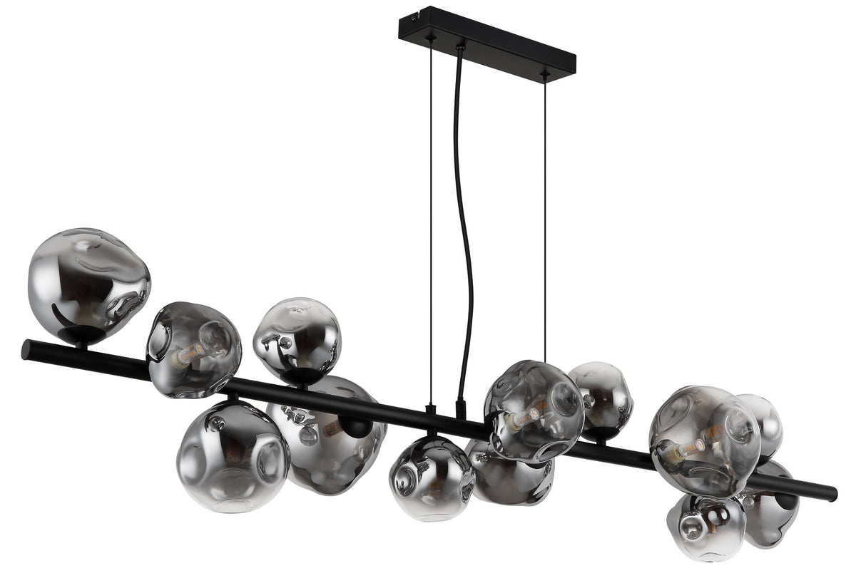Zwarte metalen hanglamp met rookglazen bolkappen en horizontale staaf – afbeelding 1