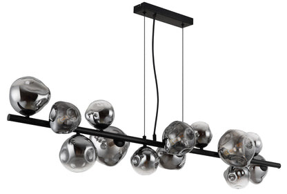 Zwarte metalen hanglamp met rookglazen bolkappen en horizontale staaf – afbeelding 1