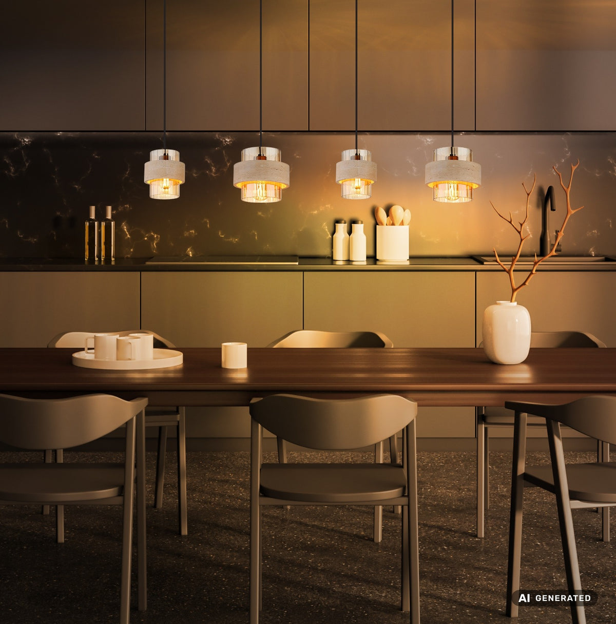 Zwarte metalen hanglamp met vier amberkleurige glazen kappen – afbeelding 4