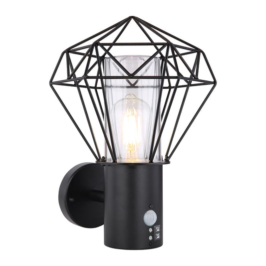 Zwarte metalen buitenwandlamp met geometrisch draadframe