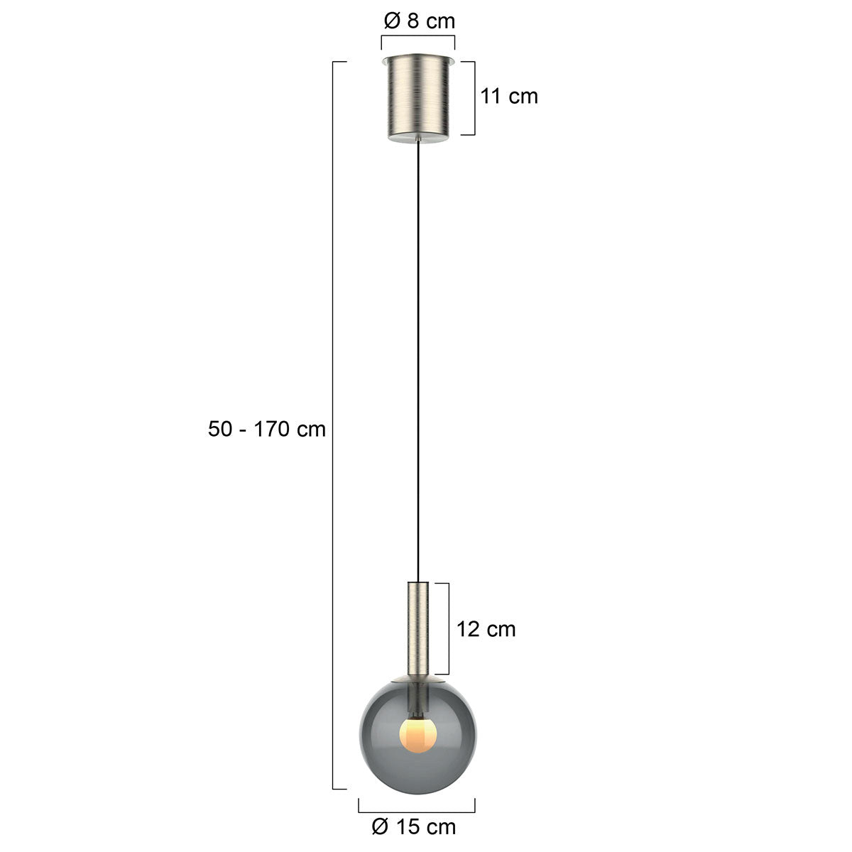 Rūdytos stiklo ir šiltos šviesos dimmable Stalen pakabukas lampas Steinhauer Volari – matmenų brėžinys
