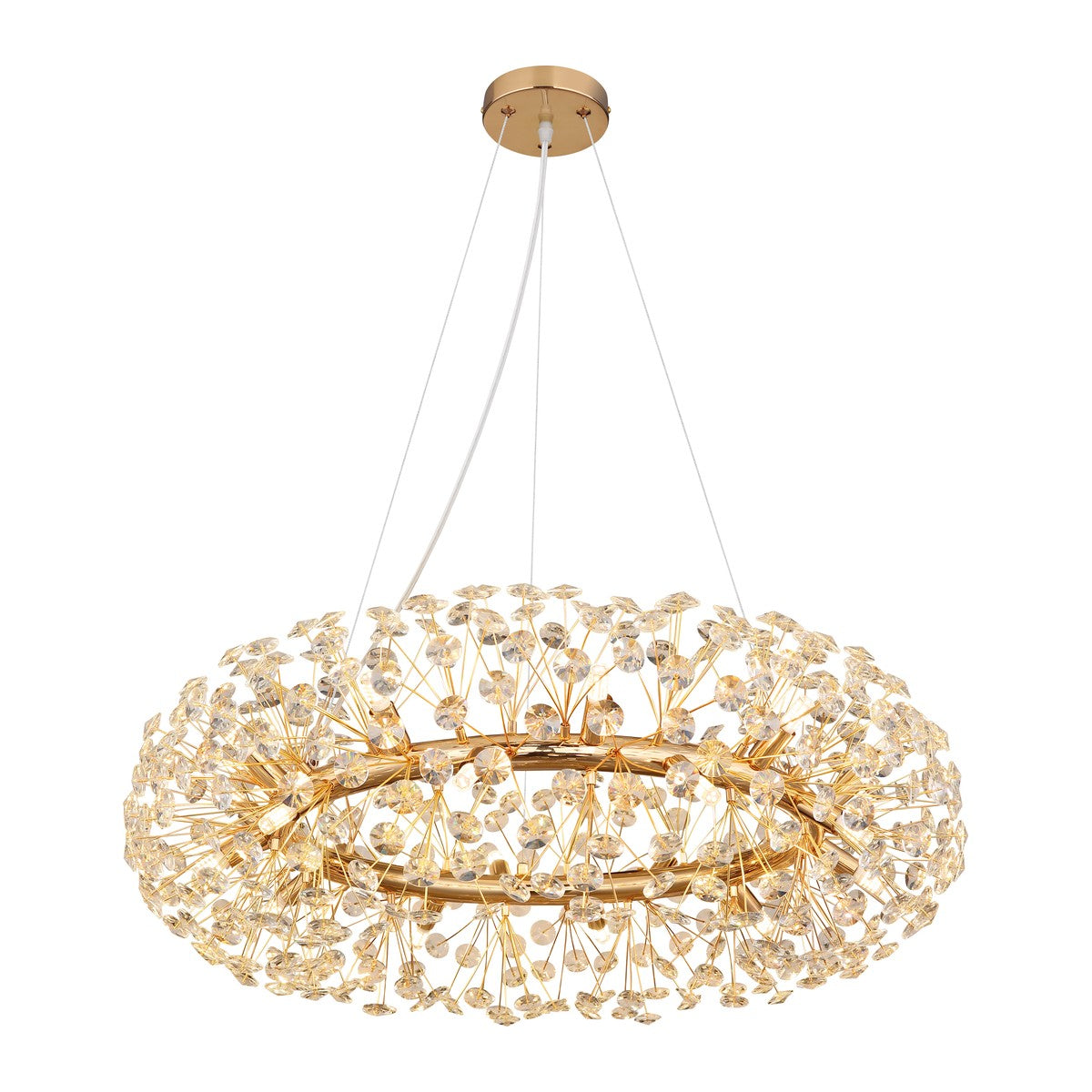 Lampadario in cristallo dorato e illuminato