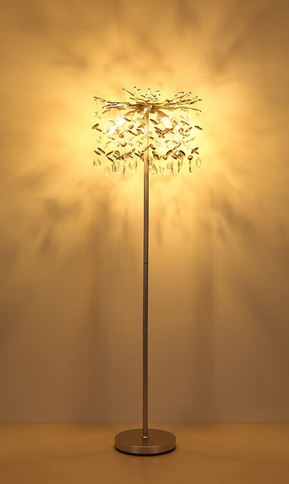 Zilveren metalen vloerlamp met vertakte kap en glazen hangers – afbeelding 5