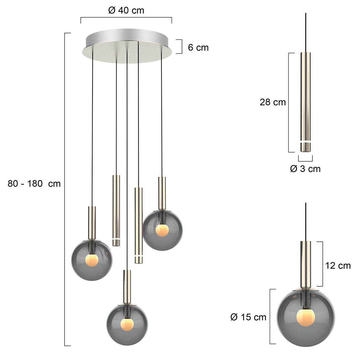 Lustre de 5 luzes em metal com vidro fumê e dim to warm Steinhauer Volari – desenho com dimensões