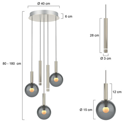 Lustre de 5 luzes em metal com vidro fumê e dim to warm Steinhauer Volari – desenho com dimensões