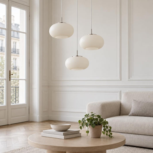 Quintara Round Glass Pendant Light – Matt Nickel – lifestyle image