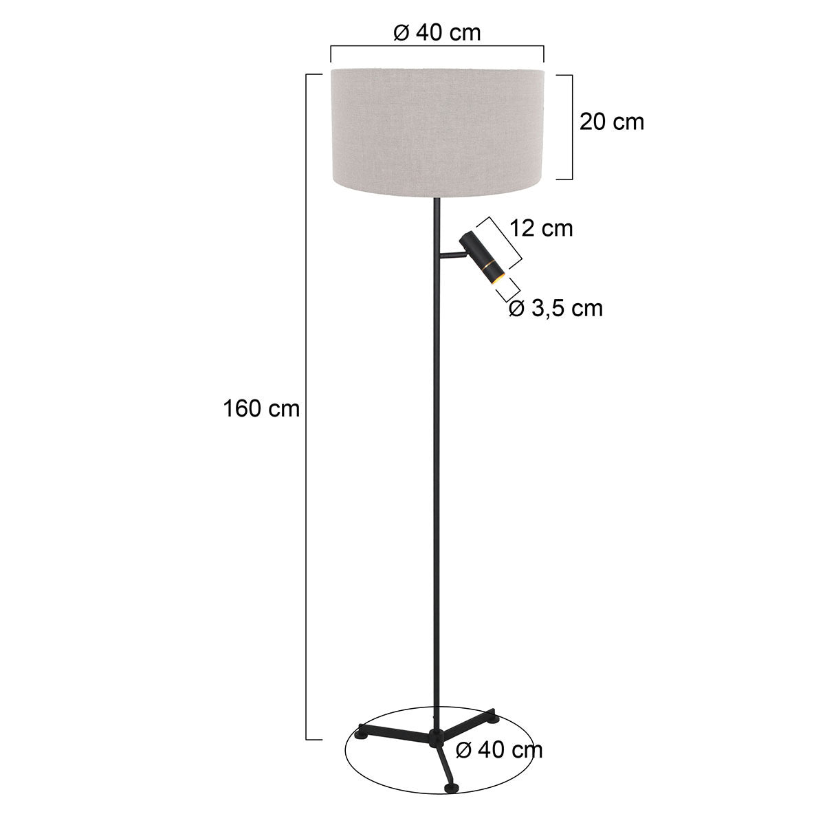 Steinhauer Stang tripod vloerlamp met leeslicht – maattekening