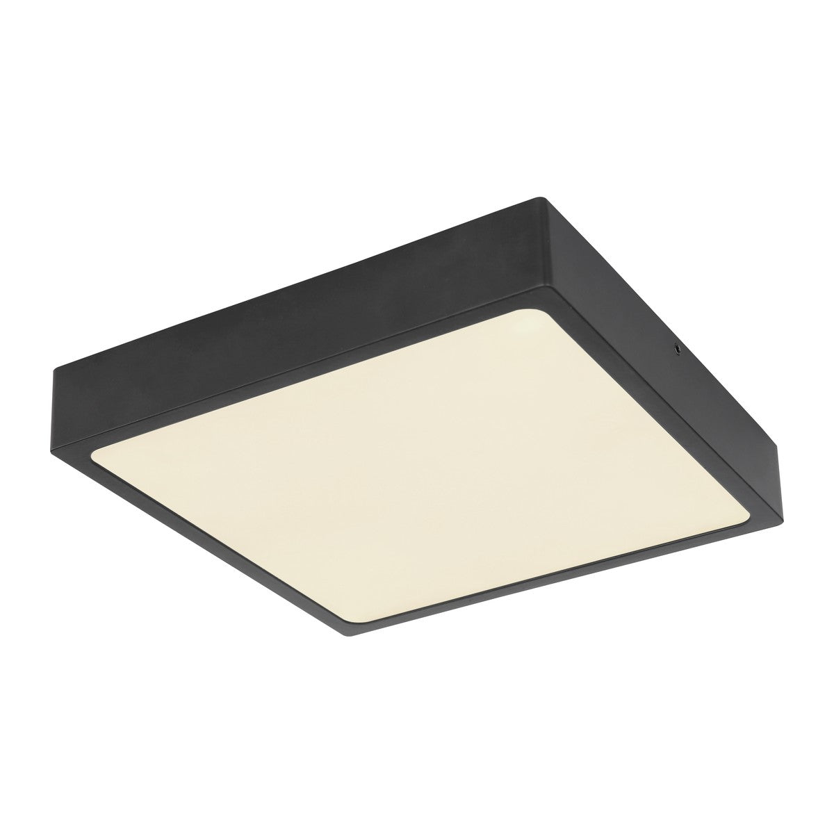 Zwarte metalen plafondlamp met opale diffuser en afgeronde hoeken