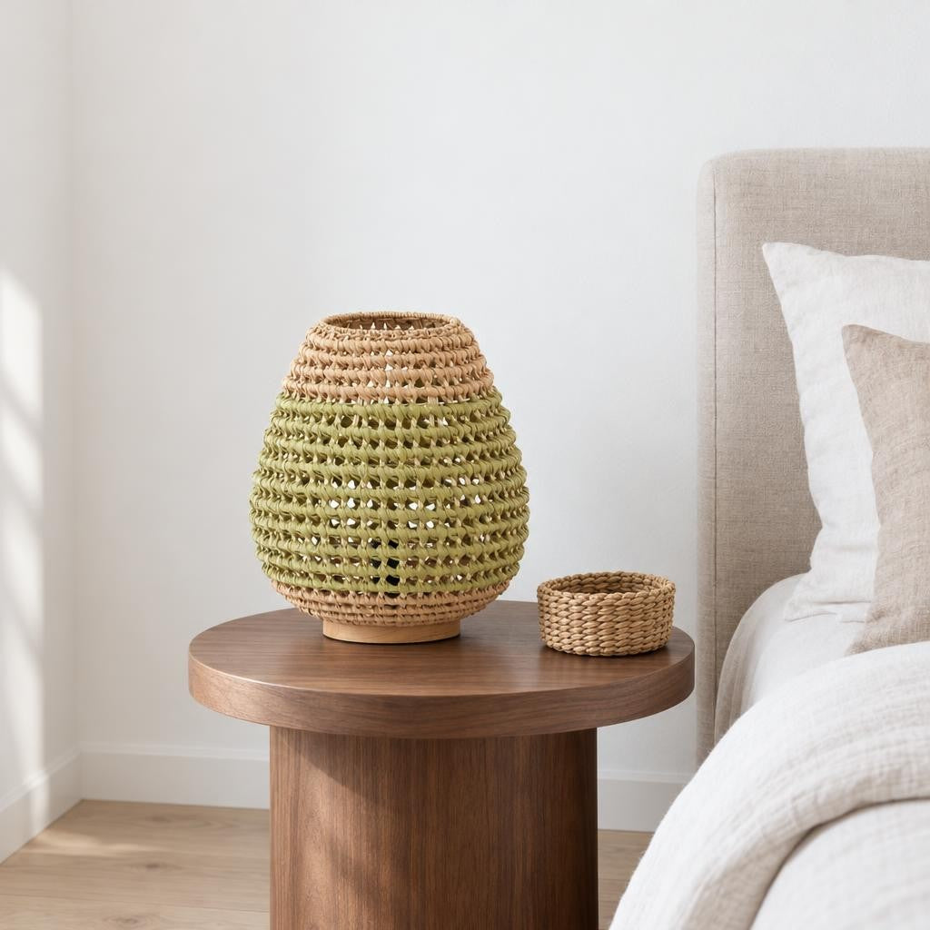 Flätad bordslampa i grönbeige rotting Light & Living Kalipa – miljöbild