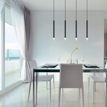 Zwarte metalen hanglamp met cilindervormige pendels en plafondplaat – sfeerbeeld